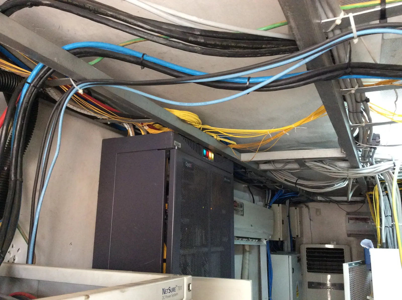 Network room with telecommunications racks, cables and equipment